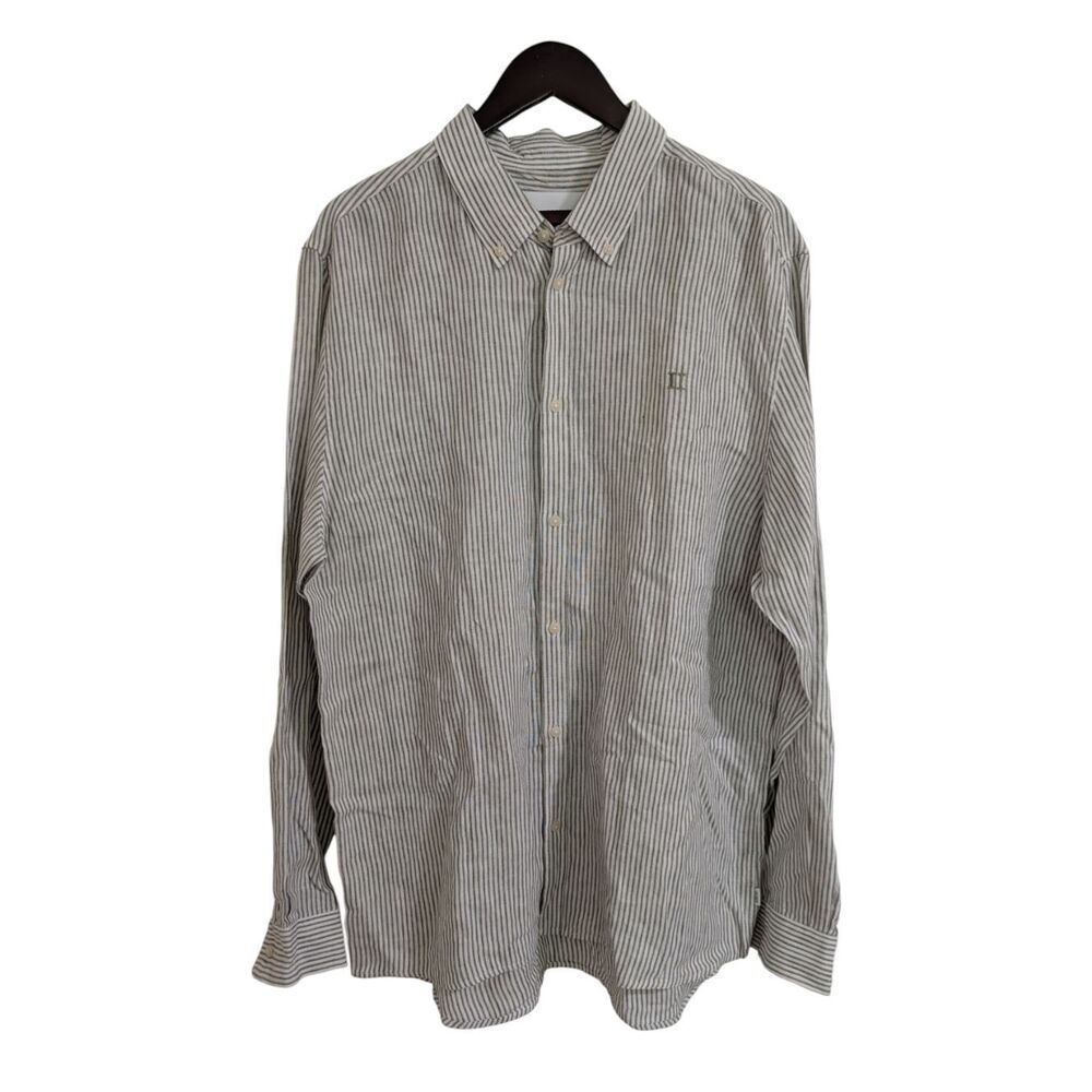 Les Deux Kristian Linen Button Down Shirt Striped XXL Olive Green / Natural